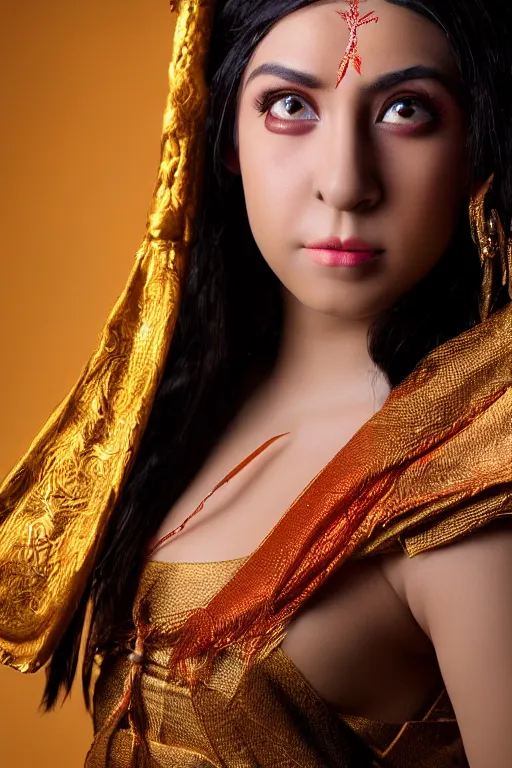 Image similar to close up headshot of young greek italian woman as ramayana, cosplay, studio lighting