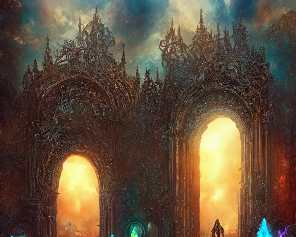 Image similar to magic portal gate, transparent background with a picture of the afterlife, ultra wide shot, lush colors, in the style of greg rutkowski and hans zatzka, digital art, sharp focus, highly realistic, exquisite ornate metal gothic icon heavy patina, delicate, enchanting, otherworldly, ethereal, mythology, mystical