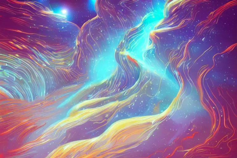 Image similar to an impression of data lines flowing in space, light spots flowing alongside the lines, implying the flow of ever long connection, trending on artstation, flowing within an interstater clouts!, making it's way across the vast universe, by cyril rolando, a person looking onwards from a planets surface