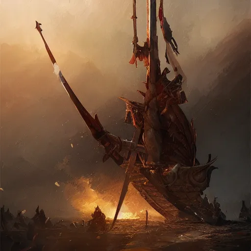 Prompt: war viking ship, viking spears and axes. bright art masterpiece artstation. 8 k, sharp high quality artwork in style of greg rutkowski, concept art by tooth wu, blizzard warcraft artwork