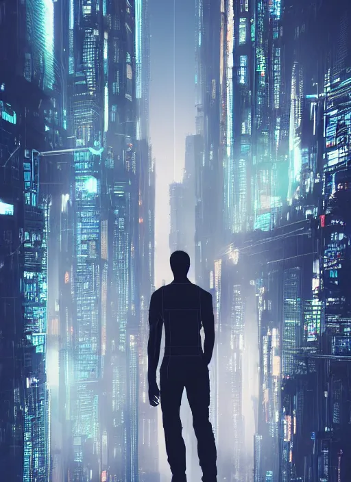 Image similar to a man standing on top of a bridge over a city, cyberpunk art by Vincent Lefevre, behance contest winner, altermodern, cityscape, synthwave, matte painting