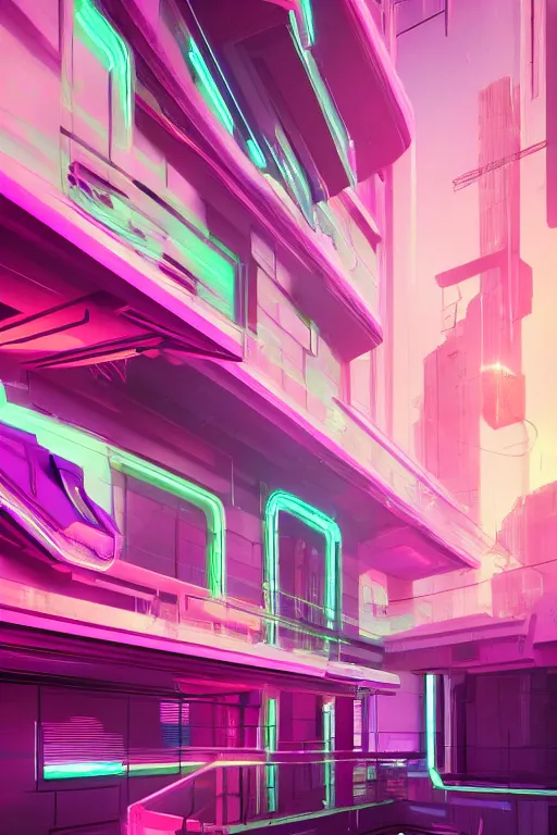 Prompt: cyberpunk synthwave penthouse, intricate, elegant, concept art, smooth, sharp, focus, pink neon lights, futuristic, cgsociety, in the style of artstation