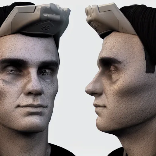 Image similar to Unreal render Bust Portrait of Dustin Bates from Starset in a sci fi uniform with a BMI on his temple; hyper realistic, high detail, artstation, deviantart