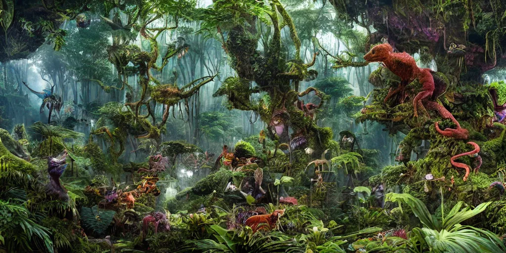 Prompt: extra wide view. a marvelous magic forest jungle inhabited with fantastic creatures. iridescent. annihilation. hyper - detailed. hyperreal. unreal render.