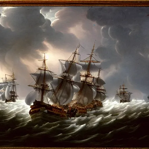 Image similar to trafalgar naval battle, stormy weather