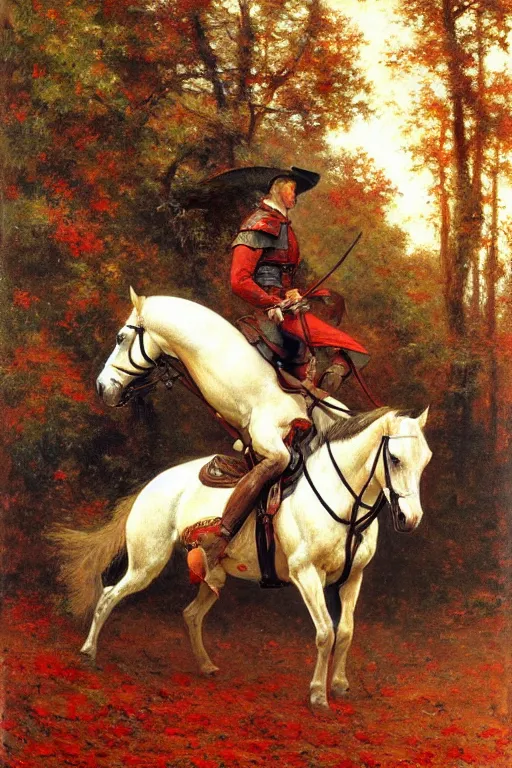 Prompt: attractive man riding a horse in the woods with falling red leaves, painting by gaston bussiere, craig mullins, j. c. leyendecker, ghibli style