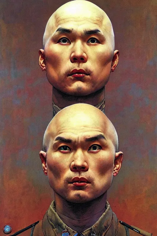 Image similar to beautiful cute bald kazakh guy with a short beard, painted by beksinski, norman rockwell, jack kirby, tom lovell, alex malveda, greg staples