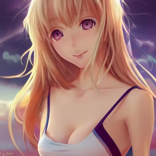 Image similar to a very beautiful young anime tennis girl, full body, long wavy blond hair, sky blue eyes, full round face, short smile, bikini, miniskirt, highly detailed, cinematic wallpaper by stanley artgerm lau
