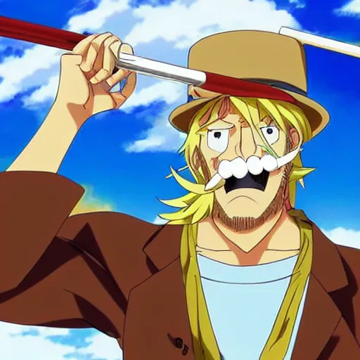 Image similar to Anime key visual of a large man with blonde hair, blue eyes and a bushy beard wearing a tie dye t-shirt and a straw hat while smoking a pipe in One Piece Anime Series