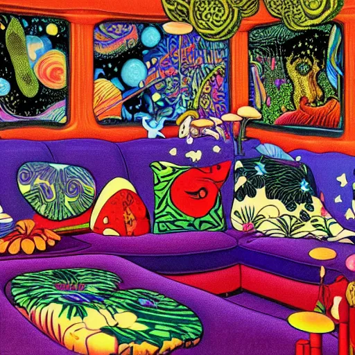 Image similar to psychedelic trippy couch in the lush forest, planets, flowers, mushrooms milky way, sofa, cartoon by carl barks