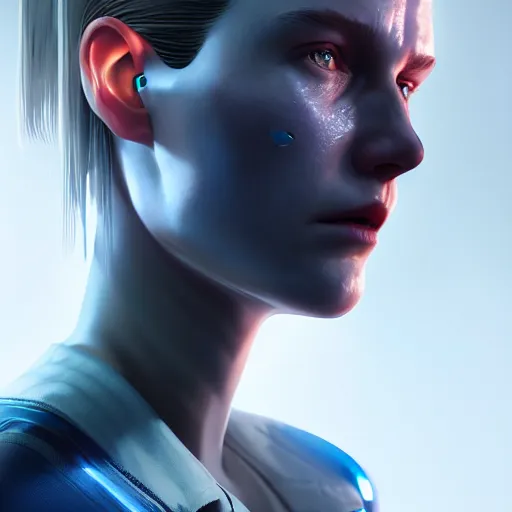 Prompt: Portrait of Kara from Detroit become human, sad, mystery, fear, human android, highly detailed, ominous vibe, smoke, octane render, cgsociety, artstation, trending on ArtStation, by Pascal Duriaux