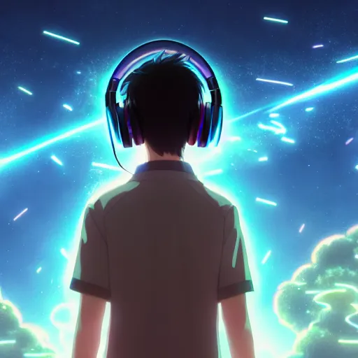 Image similar to an anime music producer with headphones on, official art, key visual, studio lightning, very detailed bd cover, Kimi no Na Wa, hyperrealistic, artstation, caustics, trending on Artstation, 8K, octane renderer, rtx on