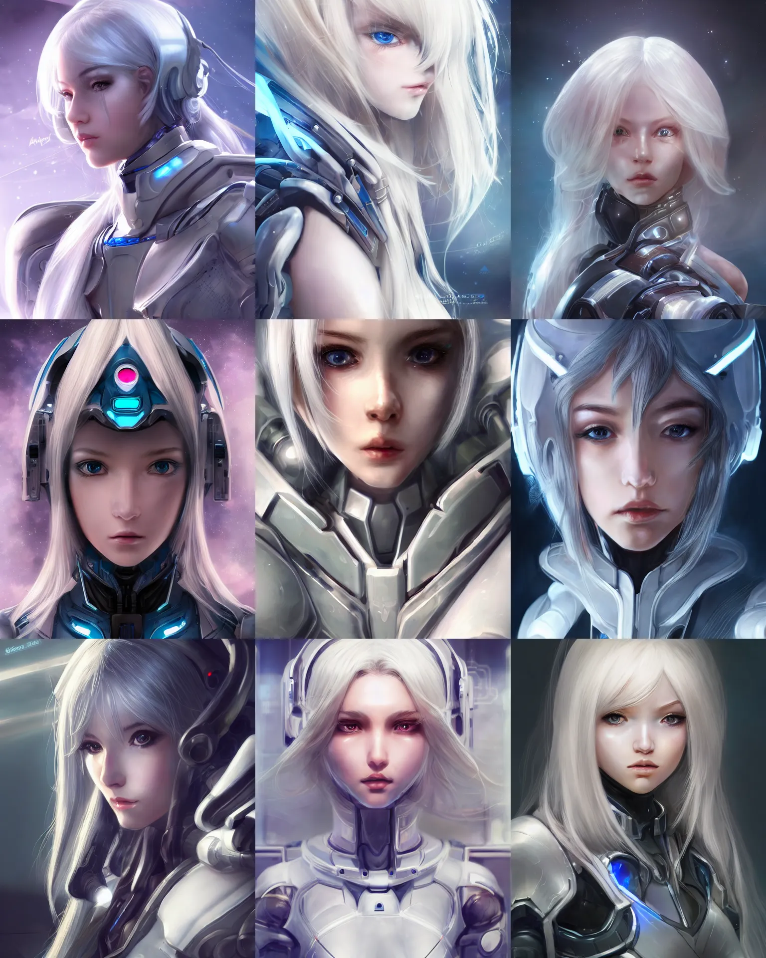 Prompt: detailed portrait of perfect android girl, warframe armor, beautiful face, scifi, futuristic, space station, laboratory, kwak ji young, dreamy, long white hair, blue cyborg eyes, cinematic lighting, innocent, highly detailed, sharp focus, smooth, artstation, intricate, award winning, pure aura, divine, by akihiko yoshida