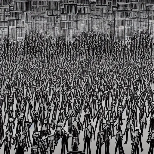 Prompt: a dystopian earth when humans are ruled by a large pointing finger and there are rows of people in shackles going to office jobs