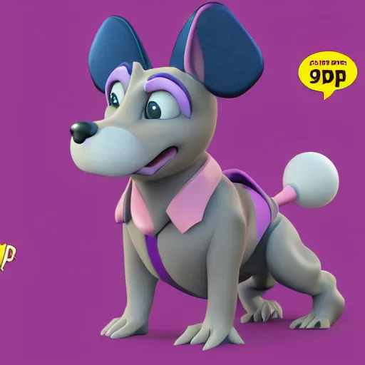 Image similar to an 3d render of a purple dog character, in the style of disney, pixar, mixed media collage, highly detailed, 8k resolution