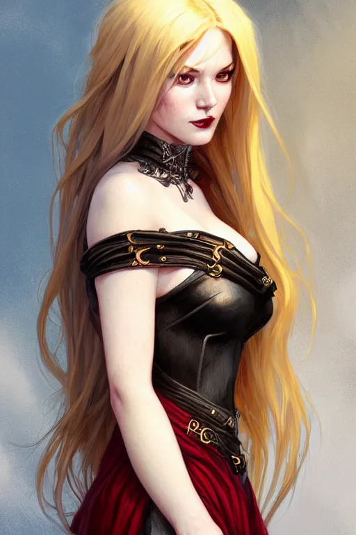 Image similar to Portrait of seductive female rogue, D&D, revealing stylish dress, choker on neck, long blonde or red hair, mouth slightly open, slight nerdy smile, fantasy, intricate, elegant, highly detailed, digital painting, artstation, concept art, smooth, sharp focus, illustration, art by artgerm and greg rutkowski and alphonse mucha