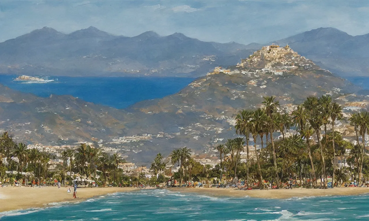 Prompt: detailed painting of marbella landscape, sun coast, small city, beach, mountain in the background, trending on artstation, by ted nasmith