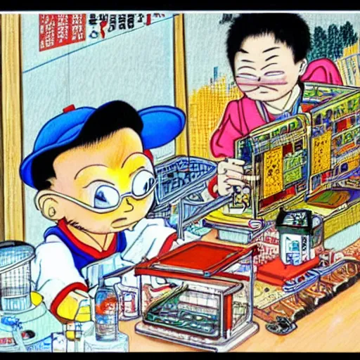 Prompt: A Shanghai man is doing nucleic acid testing, painted by Akira Toriyama - wide shot