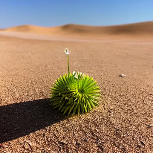 Image similar to a single small pretty desert flower blooms in the middle of a bleak arid empty desert, sand dunes, clear sky, low angle, dramatic, cinematic, tranquil, alive, life.