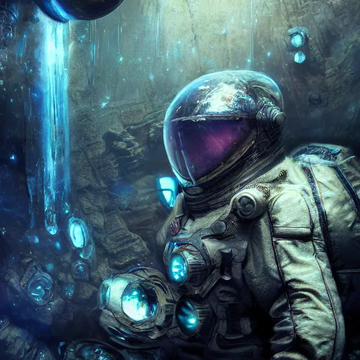 Image similar to concept art by craig mullins infrared complex and hyperdetailed technical astronaut suit in futuristic dark and empty spaceship underwater. mandelbulb fractal. reflection and dispersion materials. rays and dispersion of light. volumetric light. 5 0 mm, f / 3 2. noise film photo. flash photography. unreal engine 4, octane render. interstellar movie art