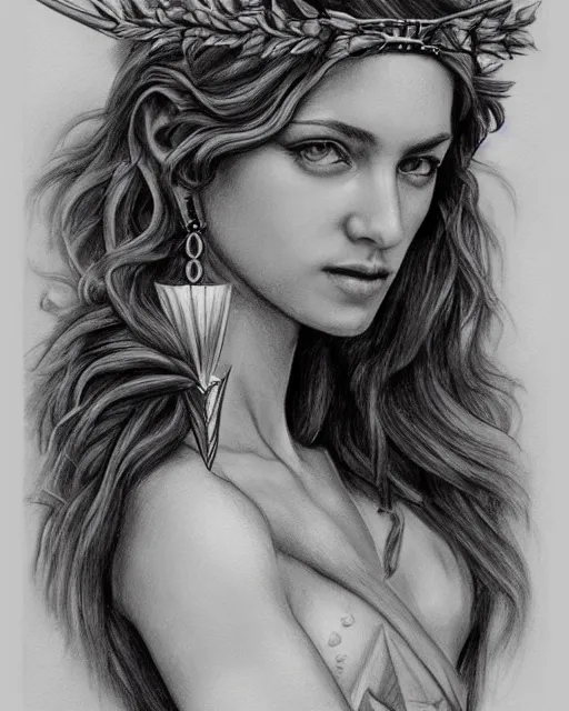 Image similar to long shot realism pencil drawing of the beautiful greek goddess aphrodite wearing a laurel wreath and arrowhead earrings, beautiful confident eyes, beautiful flowing hair, hyper realistic face, in the style of artgerm, fantasy, amazing detail, epic, elegant, smooth, sharp focus, from the front