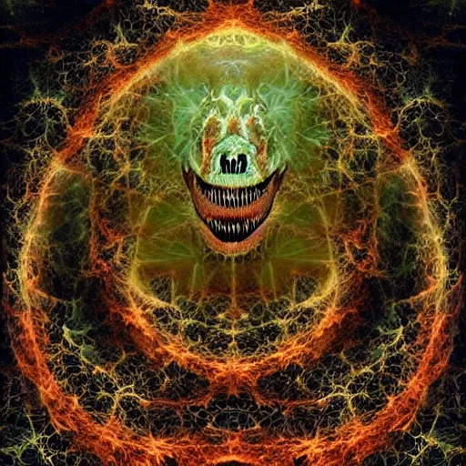 Image similar to I am anti-life. The Beast of Judgement. The dark at the end of everything. Zoomorphism , God like, Biblical, Apocalypse, End of Times, Superb, Invincible, Merciless, Mayhem, Chaos, Death Incarnate, fog, smoke, ashes, hellfire, rain of blood, feeds on the entire cosmos, Highly detailed 3d fractal, volumetric lighting, sharp focus, ultra-detailed, hyperrealistic, complex, intricate, 3-point perspective, hyper detailed, unreal engine 5, IMAX quality, cinematic, finely detailed, small details, extra detail, symmetrical, high resolution, rendered 3D model, octane render, arnold render, PBR, path tracing, 8k, 4k, HD, hi-res, award-winning, awe-inspiring, ground-breaking, masterpiece , artgem, Dark Fantasy