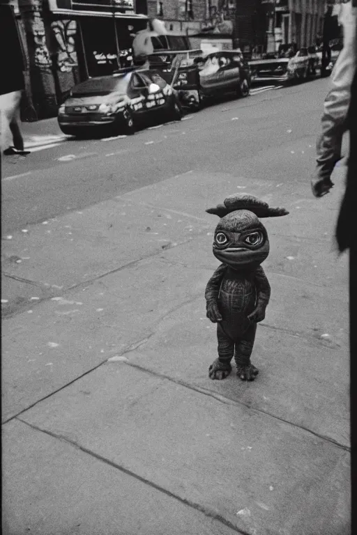 Image similar to photo polaroid of a ninja turtle in the middle of a New York street, loneliness, war, black and white ,photorealistic, 35mm film,