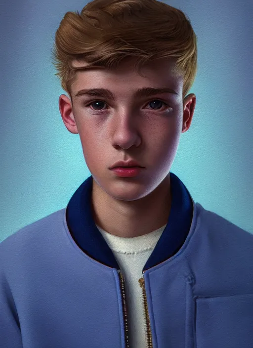 Image similar to portrait of a teenage boy named moose mason, blonde short hair, jock, beefy, square jaw, square facial structure, 1 9 5 0 s, blue varsity jacket, intricate, elegant, glowing lights, highly detailed, digital painting, artstation, concept art, smooth, sharp focus, illustration, art by wlop, mars ravelo and greg rutkowski