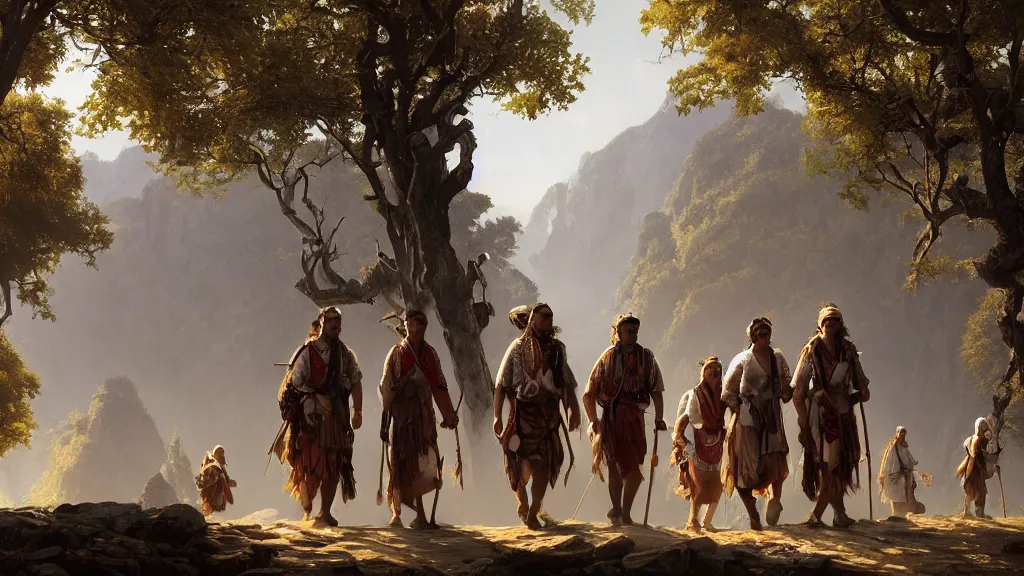 Image similar to highly detailed image of a group of indigenous travelers, walking in a line, traditional clothing, unreal engine, fantasy art by greg rutkowski, mountains, lake, hunter, by greg rutkowski, cgsociety, ferdinand knab, rossdraws, tom bagshaw, global illumination, radiant light, detailed and intricate environment