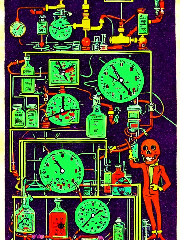 Prompt: Vibrant Colorful Vintage Horror Illustration of a Mad Scientist Experiment Poisonous Laboratory. Gauges Dials Buttons Control Panel Equipment Chemistry Glowing , Spooky lighting , Pinterest