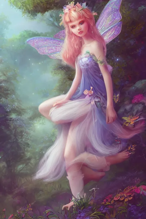 Image similar to a cute and geogerous fairy in the dreamy forest, fantasy, dreamlike, 8 k resolution, hyper detailed, d & d, character design, digital painting, trending on artstation, sharp focus, illustration, art by viktoria gavrilenko, hoang lap, fuji choko, steve zheng,