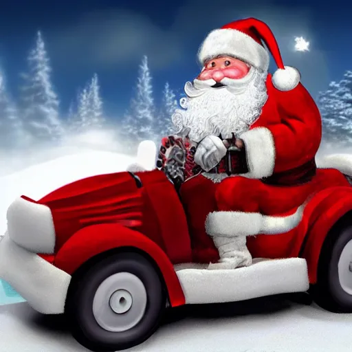 Image similar to Santa Clause driving a rally car he is going fast there is smoke coming from the tires there is snow on the track you can clearly see Santa Clause driving he is fat and jolly, realistic lighting, realistic shadows, highly reflective, photo realistic, hyper realistic