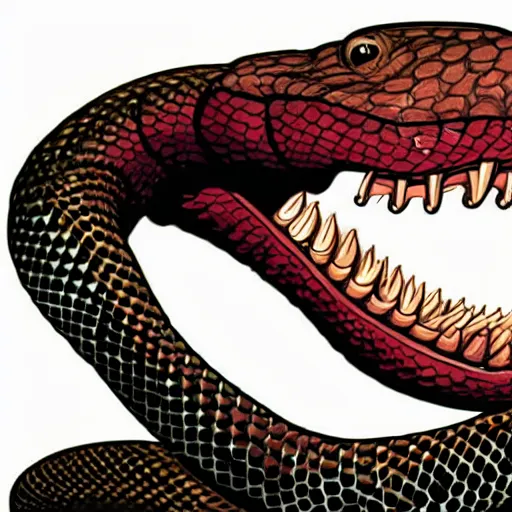 Prompt: a close up illustration of an aggressive copperhead snake with its fangs and tongue showing. illustrated in the style of hardy boys book covers by illustrator gino d ’ achille