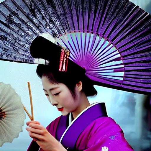 Prompt: Japanese geisha with beautiful violet paper fan, 4k photography, 30 mm lens, cinematic light, warm atmosphere, in style of Kar Wai Wong, cigarette smoke trail