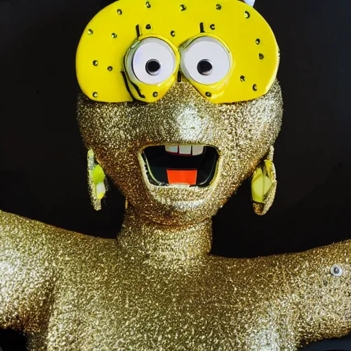 Prompt: close up of a SpongeBob fashion model in year 3000 in art-deco entrance hall, model wearing a huge surreal Avant-garde helmet that looks like ingold, photography , official Versace editorial , highly detailed