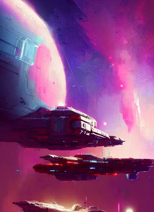 Prompt: starship freighter, greeble, colored nebula by luigi cozzi, by ismail inceoglu