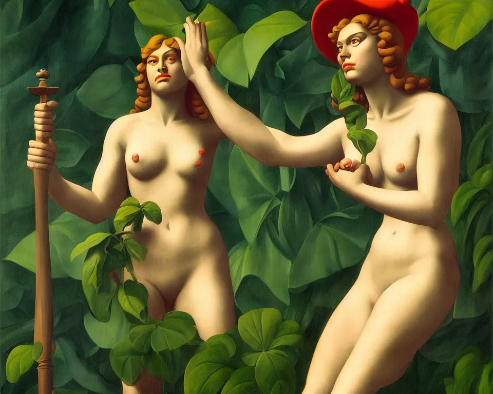 Prompt: lady justice in the jungle by raphael, hopper, and rene magritte. detailed, romantic, enchanting, trending on artstation.