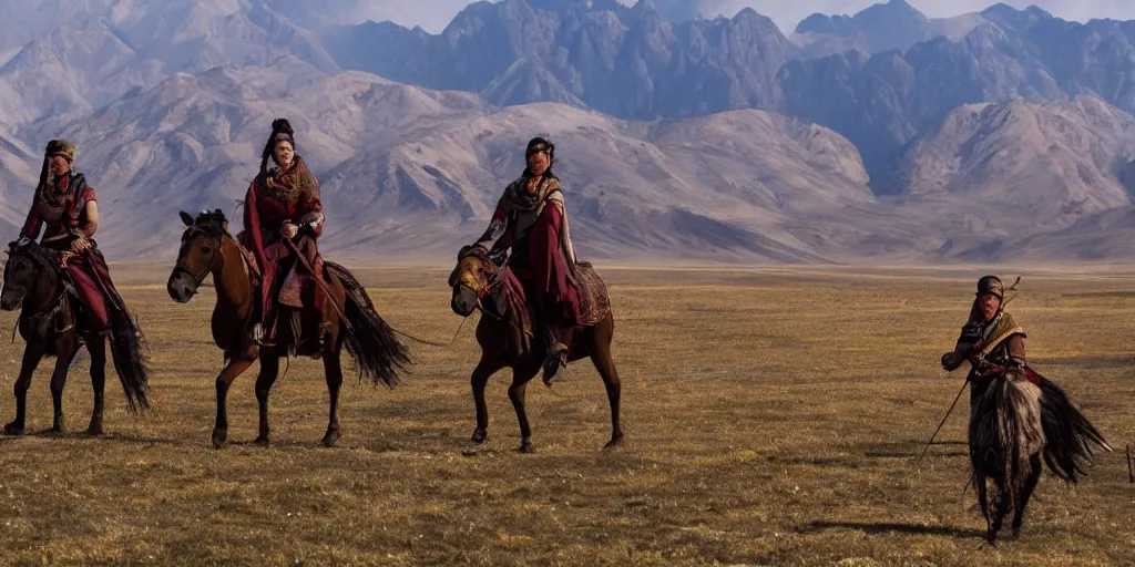 Prompt: Scythian women archers on horseback, riding along the Alai–Western Tian Shan steppe, mountains in the background, still from a movie, cinematic, 4K