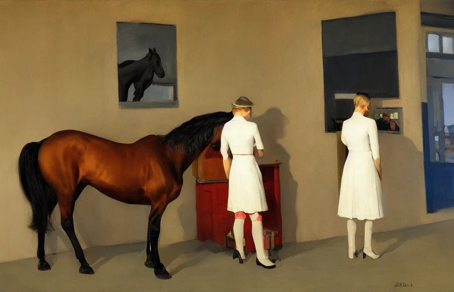 Image similar to a confused horse in a best buy, american realism style, edward hopper, george bellows, bo bartlett, jamie wyeth