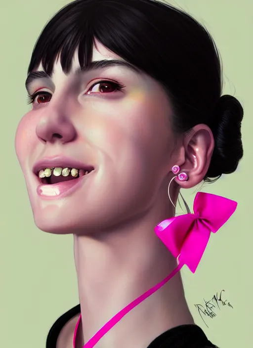 Image similar to portrait of high school girl, realistic, black hair, bangs, half updo hairstyle, pointy nose, skinny, smile, ugly, defined jawline, big chin, pink hair bow, earrings, intricate, elegant, glowing lights, highly detailed, digital painting, artstation, sharp focus, illustration, art by wlop, mars ravelo and greg rutkowski