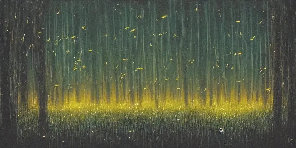 Prompt: painting of fireflies in a murky swamp, muted colors, mysterious, creepy