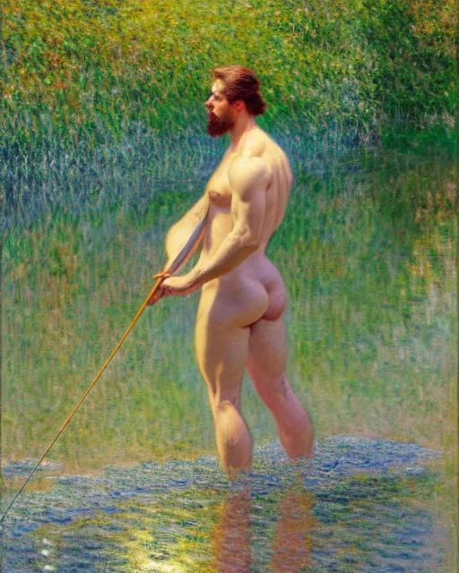Image similar to attractive fisherman wading through a river, reflective water, painting by tom of finland, gaston bussiere, craig mullins, j. c. leyendecker, claude monet
