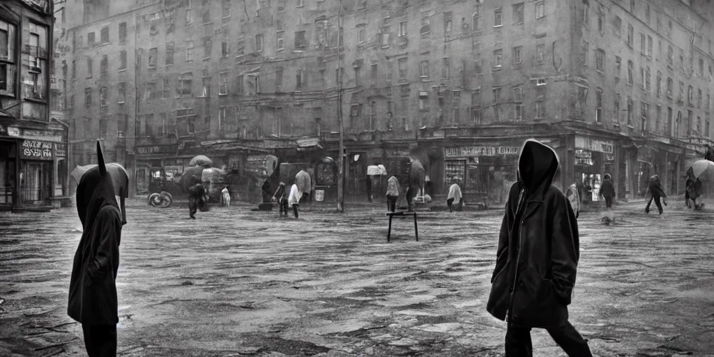 Prompt: medium shot | sadie sink in hoodie | lonely market stall selling umbrellas | in ruined square, pedestrians on both sides | steampunk tenement windows in background : 3 5 mm film, anamorphic, from schindler's list by steven spielberg. cyberpunk, cinematic atmosphere, detailed and intricate, perfect anatomy