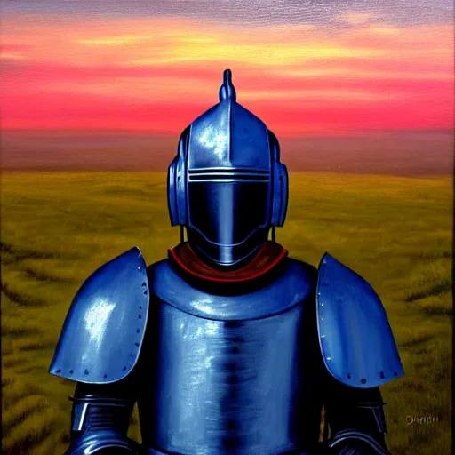 Prompt: oil painting of a blue caped armored knight, wearing modern headphone, lonely, foggy, standing in midground, pink sunset, by capsar david friedrich