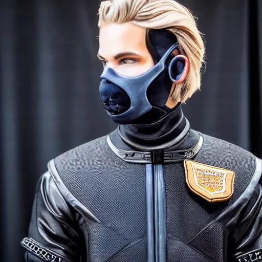 Image similar to medium face shot of adult Austin Butler !!with exposed head!!, dressed in black-prussian blue futuristic-tudoresque clothing with embroidered-Ram-emblem, and nanocarbon-vest, in an arena in Dune 2021, XF IQ4, f/1.4, ISO 200, 1/160s, 8K