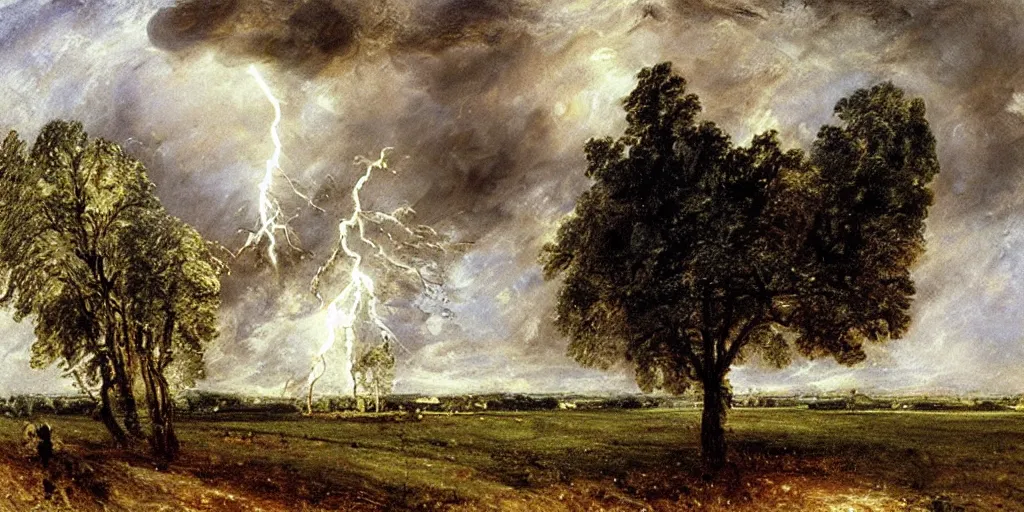 Prompt: lightning strikes a tree in the middle of a field, painting By John Constable,