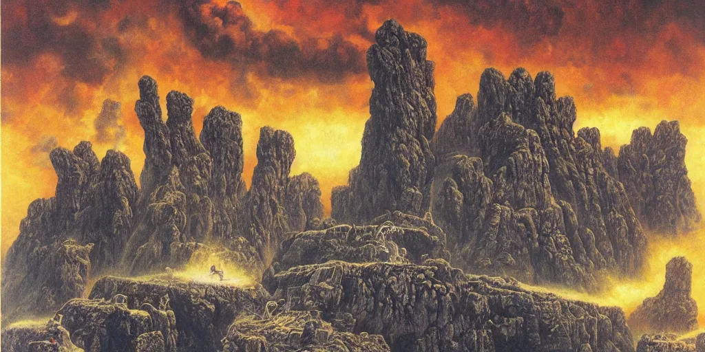 Prompt: artwork of the twin fortress by terry oakes, by erol otus