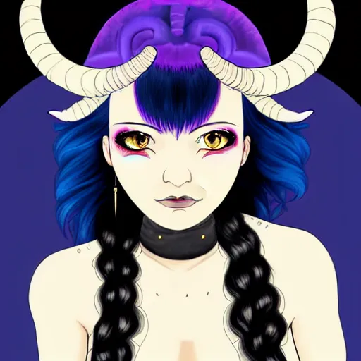 Image similar to illustrated portrait of ram-horned devil woman with blue bob hairstyle and hex #FFA500 colored skin tone and with solid black eyes and black sclera wearing leather by rossdraws