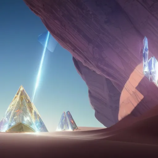 Image similar to huge angular vertical complex translucent crystals in the desert, reflection from the crystal is sparkling due to sun, small retro starship in the sky, futuristic hi-tech details, art by anthony macbain + greg rutkowski + alphonse mucha, concept art, 4k, sharp focus, cinematic render unreal engine
