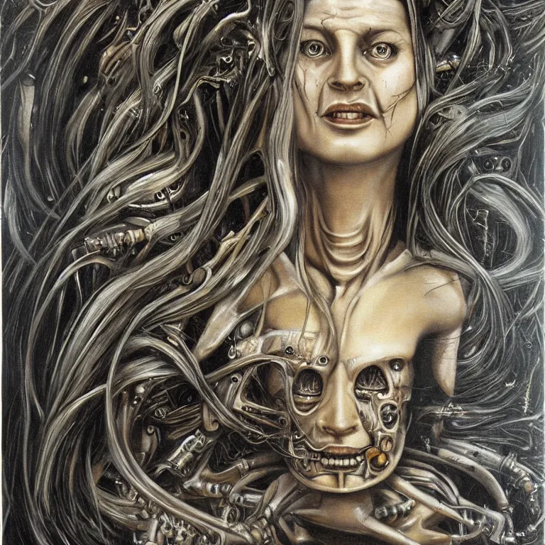 Prompt: portrait of biomechanical moon goddess, flowing hair, intense stare, sweet smile, realistic oil painting by h. r giger,